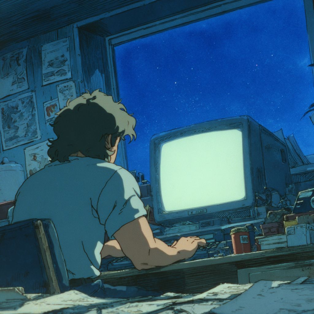 Example of an image generated using the prompt --sref 1250373801 in Midjourney with the Anime, Blue, Vintage style