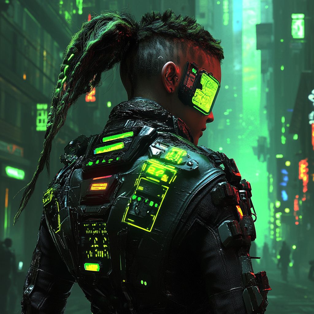 Example of an image generated using the prompt --sref 1913038253 in MidJourney with the Cyberpunk, green style