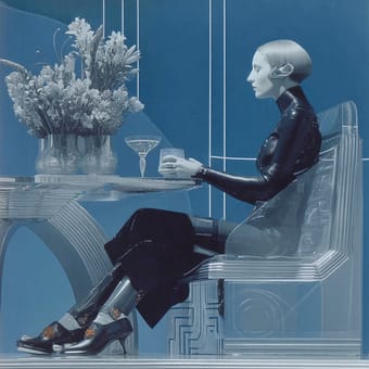 Example of an image generated using the prompt --sref 1032371747 in Midjourney with the Illustration, 2D, Surrealistic, Blue style