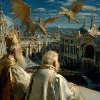Example of an image generated using the prompt --sref 17885021 in Midjourney with the Oil painting, 2D, Golden, Vintage, Illustration, Coloring book, Surrealistic style