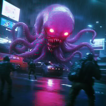 Example of an image generated using the prompt --sref 211110605 in Midjourney with the Surrealistic, Purple, Cyberpunk, Blue style