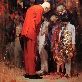 Example of an image generated using the prompt --sref 3562315406 in Midjourney with the Surrealistic, Oil painting, Illustration, Sticker, 2D, Dark fantasy, Golden style
