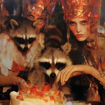 Example of an image generated using the prompt --sref 3562315406 in Midjourney with the Surrealistic, Oil painting, Illustration, Sticker, 2D, Dark fantasy, Golden style