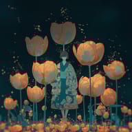 an example of an Eastern aesthetics style image generated in MidJourney using the prompt with the --sref 4207882607, ranked 22th among the user favorites on this website.