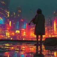 an example of an Cyberpunk style image generated in MidJourney using the prompt with the --sref 582376541, ranked 5th among the user favorites on this website.