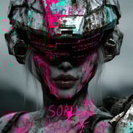 an example of an Cyberpunk style image generated in MidJourney using the prompt with the --sref 887192304, ranked 18th among the user favorites on this website.